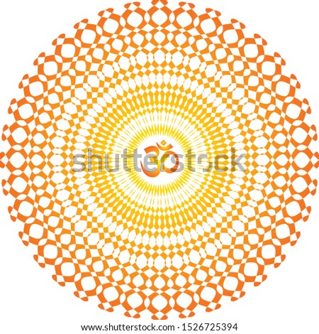 Сircle openwork mandala. Orange and yellow colors. Sign Aum / Om / Ohm in center. Spiritual esoteric symbol. Vector graphics art.