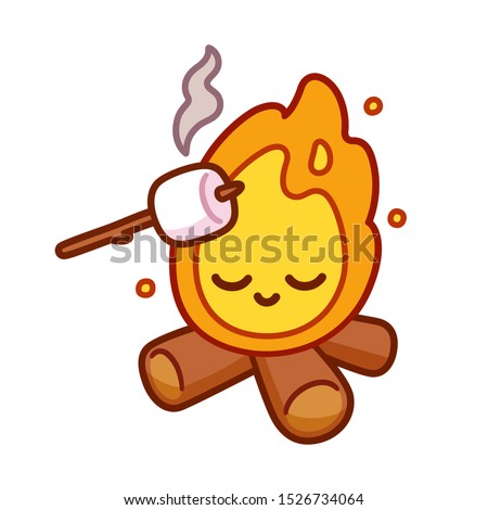 Cute cartoon drawing of bonfire with kawaii face and marshmallow toasting on stick. Simple camping fun illustration, isolated vector clip art.