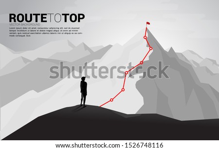 Businessman and Route to the top of mountain: Concept of Goal, Mission, Vision, Career path, Vector concept Polygon dot connect line style