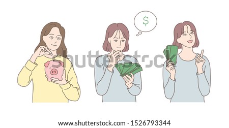 A girl is putting a coin into a piggy bank. A girl is holding a bunch of bills and thinking. A girl is holding a bill and making a good plan. hand drawn style vector design illustrations. 