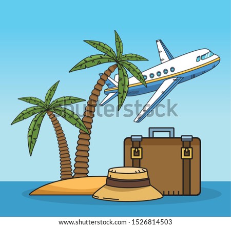 beach palms with suitcases and airplane flying over blue background, colorful design. vector illustration