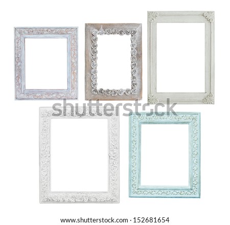 five wooden vintage photo frames isolated on white background