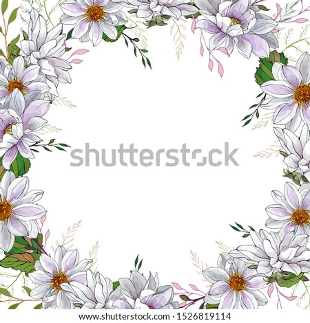 Floral frame of white flowers on white background. Dahlias and leaves. For your design, wedding stationary, fashion, invitation template, greeting card, saving the date card. Vector illustration.