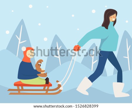 Mother, mom carrying kid on a sled in park during snowing day. Girl or boy sitting on a sledge and holding stuffed animal toy. Cheerful family winter holidays activity flat vector illustration.