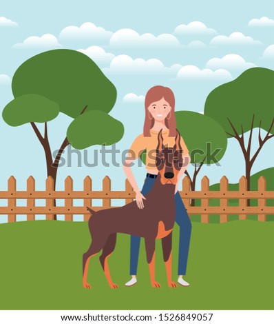 young woman with cute dog in the field vector illustration design