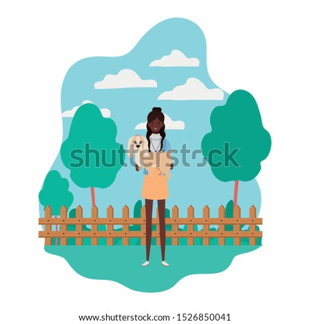 young afro woman lifting cute dog in the field characters vector illustration design