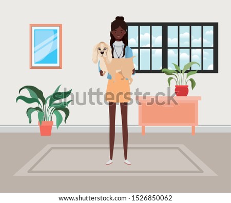 young afro woman lifting cute dog indoor the house vector illustration design