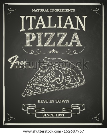 Italian pizza poster on black chalkboard