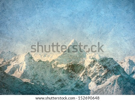 Painting with a snow high mountains landscape