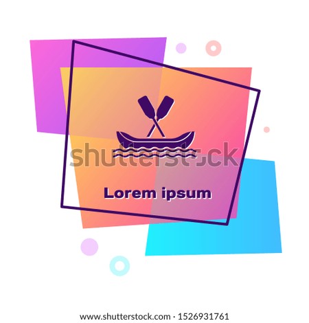 Purple Rafting boat icon isolated on white background. Kayak with paddles. Water sports, extreme sports, holiday, vacation, team building. Color rectangle button. Vector Illustration