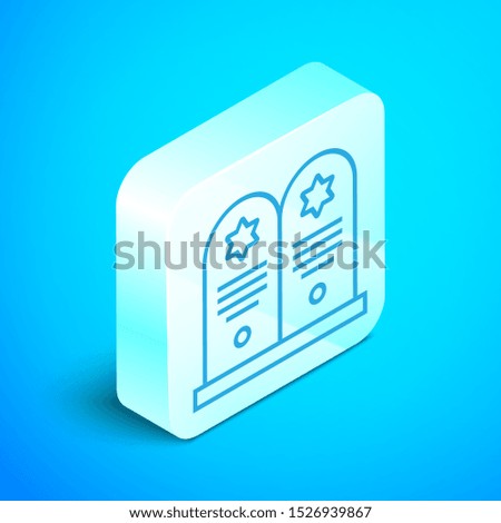 Isometric line Tombstone with star of david icon isolated on blue background. Jewish grave stone. Gravestone icon. Silver square button. Vector Illustration