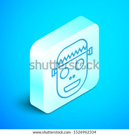 Isometric line Zombie mask icon isolated on blue background. Happy Halloween party. Silver square button. Vector Illustration