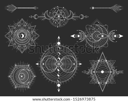 Vector set of Sacred geometric symbols and figures on black background. Abstract mystic signs collection. White linear shapes. For you design: tattoo, posters, t-shirts, textiles or magic craft.