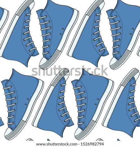 Seamless pattern with blue sneakers, gumshoes. Vector color background.
