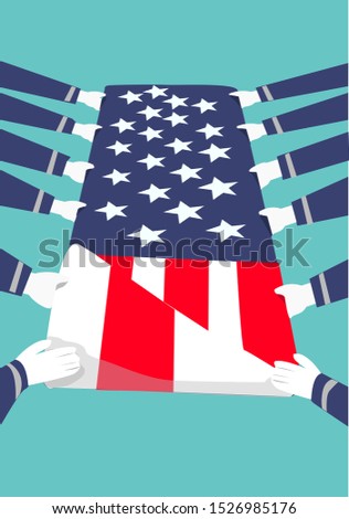 American flag being folded by hands of military men in uniform. Editable Clip Art.