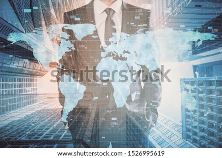 Businessman standing on abstract city background with digital map. AI and global concept. Double exposure 