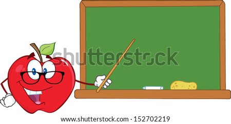 Smiling Apple Teacher Character With A Pointer In Front Of Chalkboard