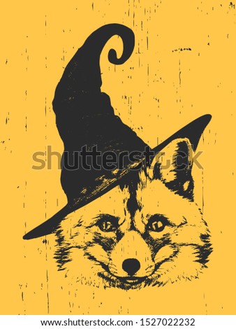 Portrait of Fox with witch hat. Halloween illustration. Vector