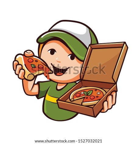 Kid showing pizza in hand with Pizza box is open - Vector