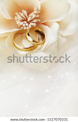 wedding rings with flowers and bridal dress folds