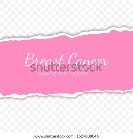 Breast cancer lettering on torn paper strip realistic illustration. October awareness month typography on transparent background. Oncological disease solidarity. Paper pink ribbon with rip edges