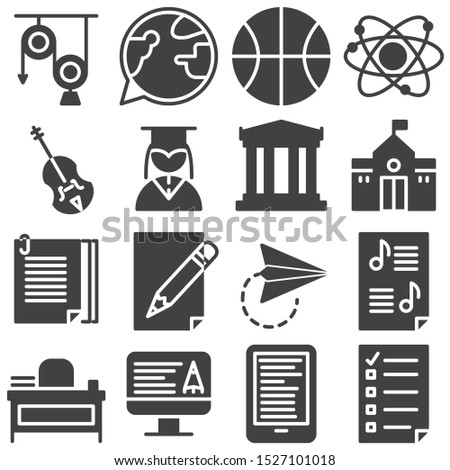 Education vector icons set, modern solid symbol collection, filled style pictogram pack. Signs, logo illustration. Set includes icons as chemistry, physics, school building, library, music, geography
