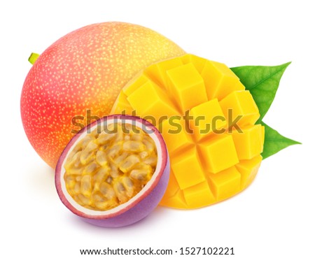 Multi-colored exotic composition with fruit mix of passion fruit and mango, isolated on a white background with clipping path.