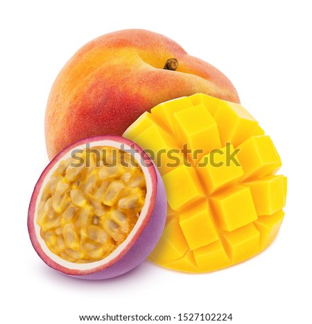 Multicolored composition with assortment of fruits - peach, maracuya and mango isolated on a white background with clipping path.