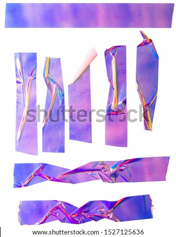 Shiny purple crumpled stickers. Cool set of metallic holographic sticky tape shapes isolated on white background. Holo glitter stripes or snips.