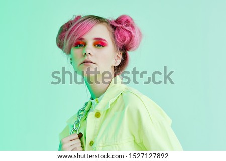young beautiful woman in beautiful clothes with bright hair isolated model background