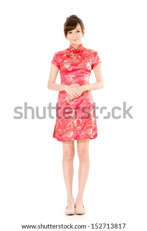 Chinese woman dress traditional cheongsam on white background.