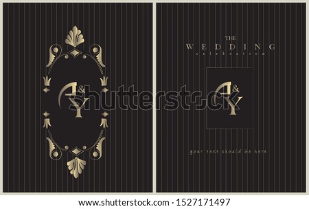 Wedding Invitation, floral invite, rsvp modern card. Design in copper peony with navy black and tropical leaf greenery eucalyptus branches decorative Vector elegant rustic template