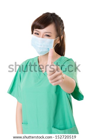 Asian health worker woman give you an excellent gesture, closeup portrait on white background.