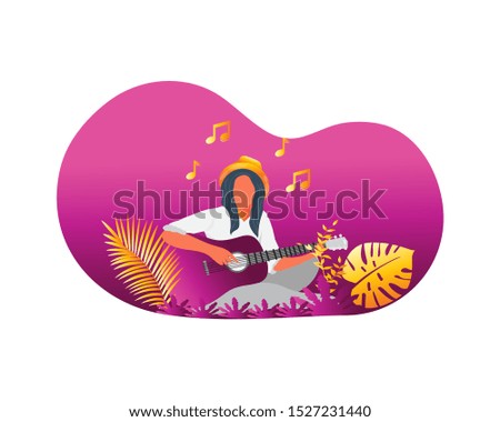 vector illustration of a woman playing guitar in a park ,flat cartoon style