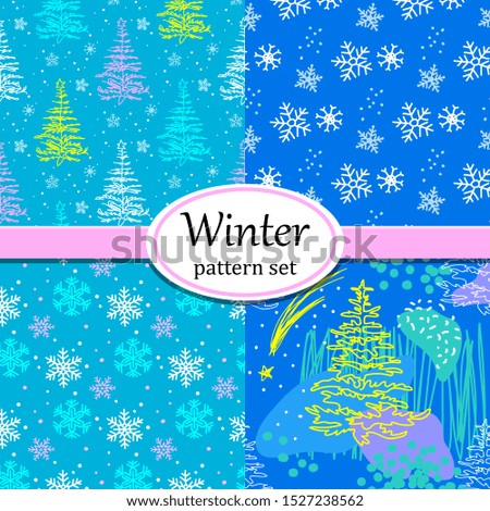 Winter vector pattern set. Christmas trees, snowflakes. Blue colors