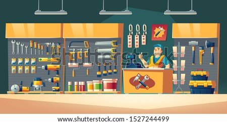 Tools store, hardware construction shop interior with salesman stand on counter desk showing thumb up and showcases with diy instruments on shelves for carpentry works Cartoon vector illustration Royalty-Free Stock Photo #1527244499