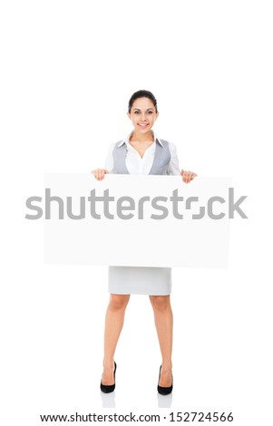 businesswoman holding a blank white card board, signboard, showing an empty bill board, young business woman happy smile, isolated over white background