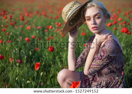 portrait of a fashionable woman in a dress in a field of red poppies
