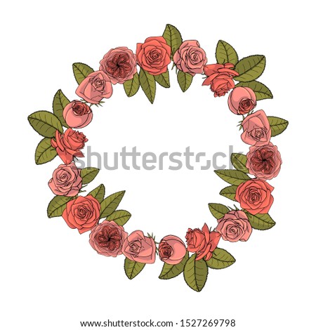 Hand drawn doodle style rose flowers wreath. floral design element. isolated on white background. stock vector illustration