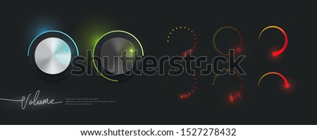 3d realistic metallic control knob set with collection of volume indicator template, neon glow style Royalty-Free Stock Photo #1527278432