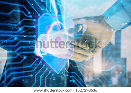 Double exposure of lock icon hologram on city view background with two people handshake. Concept of safe business