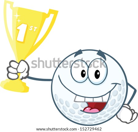 Happy Golf Ball Holding First Prize Trophy Cup