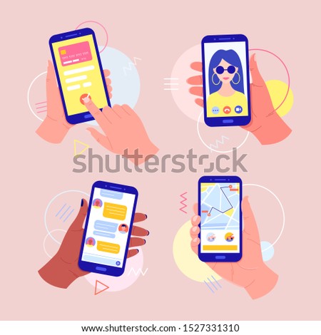 Hands holding a mobile phone with applications on the screen: online payment by card, video call, taxi call, chat in the messenger. Mobile payments. Video call concept. Finger touch the screen.