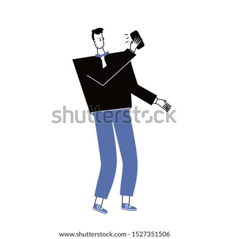 Young men holding smartphone and texting, talking, listening to music, taking selfie.male cartoon character with mobile phone. Flat vector illustration