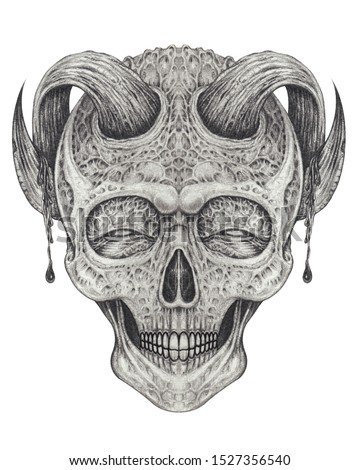 Art Surreal Devil Skull Tattoo. Hand drawing on paper.