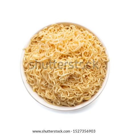 
original noodles in white bowl on white isolated , top view concept 
