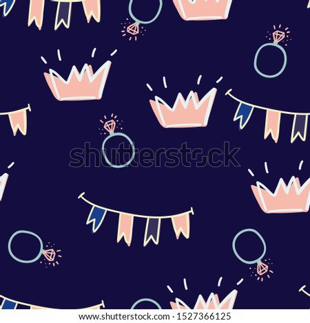 Childish seamless pattern with hand-drawncrowns, diamond ring. Cute baby texture for fabric,wrapping,textile, wallpaper,apparel.Vector illustration