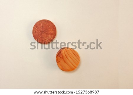Wood round pieces with shadows on white background. Light and dark wooden circles as concept of kids development toy, construction or decoration. Mockup stairs or diagram elements