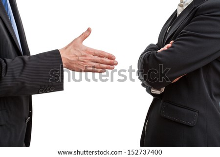 Try of handshaking between two work partners Royalty-Free Stock Photo #152737400