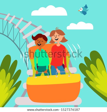 Girl and boy ride a roller coaster. Children's attraction. Adrenaline. Thirst for speed and fun. Vector editable illustration